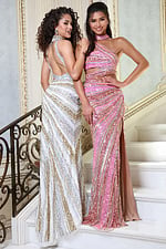 one shoulder cutout sequin prom dress with slit - two girls front, left looking back, right hand on hip