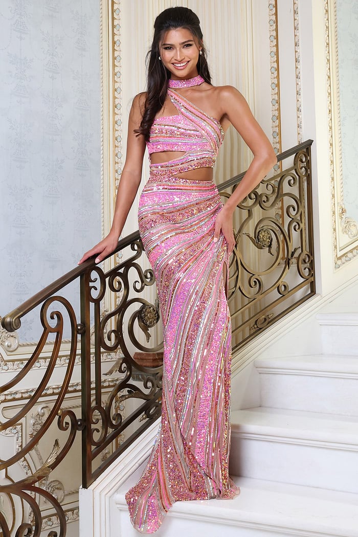 pinkmulti one shoulder cutout sequin prom dress with slit - front full body, smiling hand on banister stairs