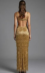 beaded gown with deep V neckline and fringe detailing