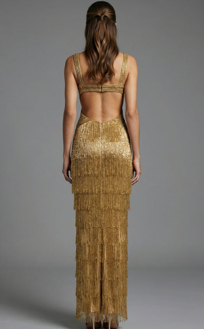 beaded gown with deep V neckline and fringe detailing