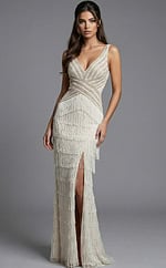 Elegant beaded evening gown with deep V neckline and fringe detailing