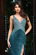 v neckline beaded dress with fringe details 49269