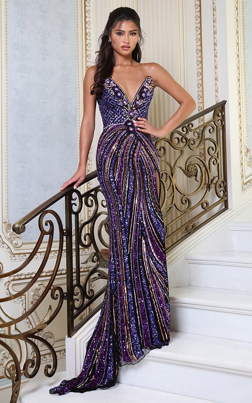 purplemulti strapless sequin gown with deep v and high slit - front full body, standing on stairs holding banister