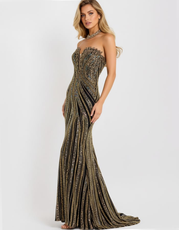 Strapless Beaded Gown with Plunging Neckline 49290