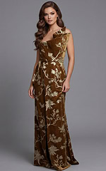 Elegant one shoulder evening dress in embroidered velvet with soft draped neckline