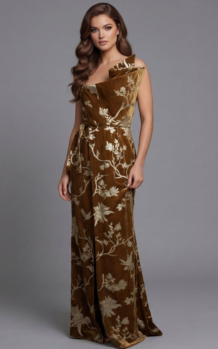 Elegant one shoulder evening dress in embroidered velvet with soft draped neckline