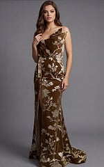 Floor length velvet gown with floral brocade fabric and clean straight silhouette