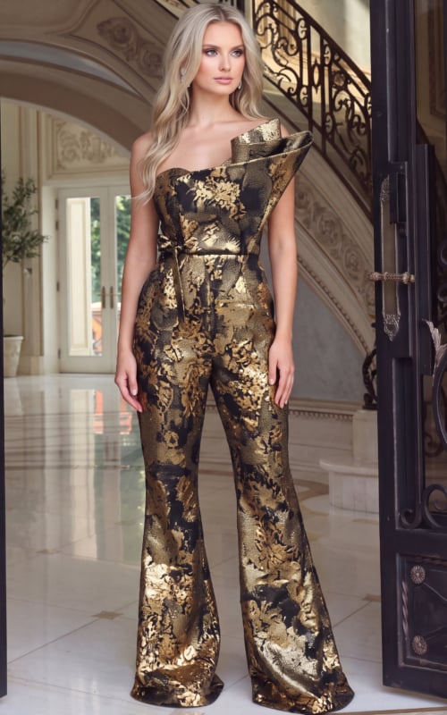 Black and gold metallic jacquard wide leg jumpsuit with asymmetric folded shoulder, front view