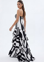 Designer black and ivory geometric print layered gown