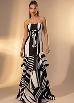 High fashion black and ivory abstract print layered gown