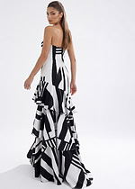 Modern black and white patterned evening gown with structured bodice