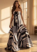 Elegant strapless geometric print gown with cascading tiers