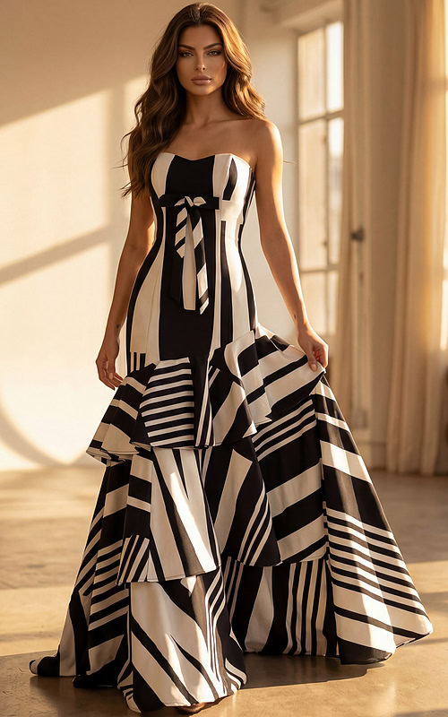 Elegant strapless geometric print gown with cascading tiers