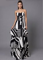 Chic strapless designer gown with striking geometric print and layered hem