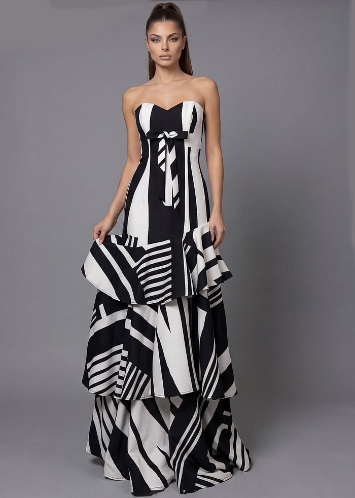 Strapless Tiered Gown with Bold Geometric Print Design 49317 | Jovani Strapless Tiered Gown with Bold Geometric Print Design 49317 | Jovani