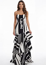 Strapless black and white patterned tiered gown