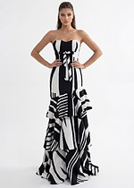 Strapless statement print gown with dramatic tiered skirt