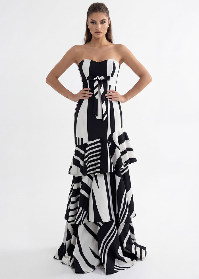 Strapless statement print gown with dramatic tiered skirt
