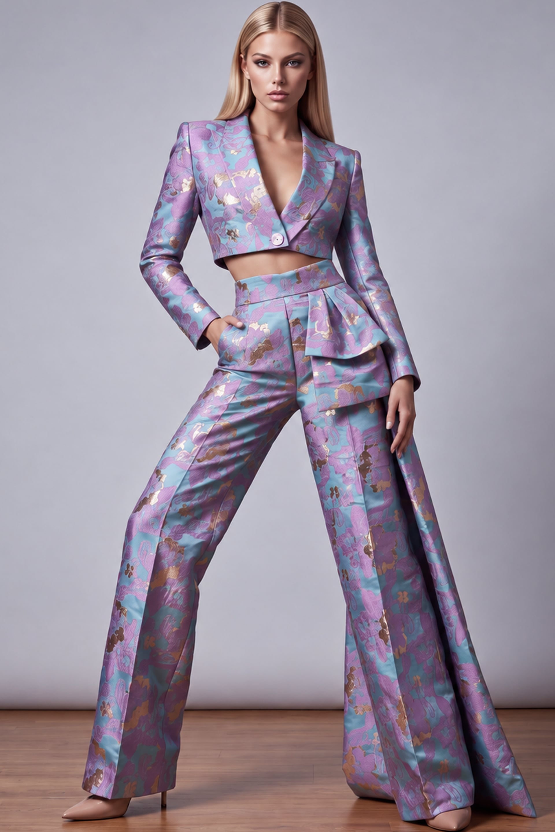 Pastel brocade two-piece suit with deep V blazer and wide-leg trousers.