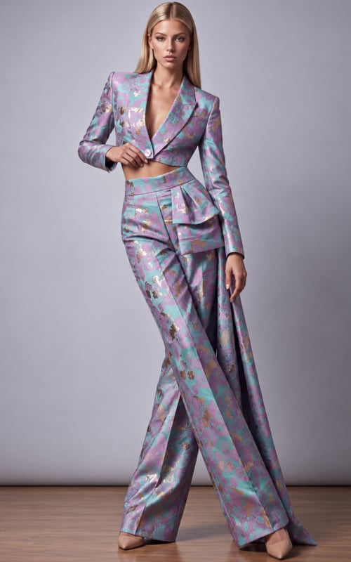 Metallic floral pantsuit with cropped blazer and draped side panel.