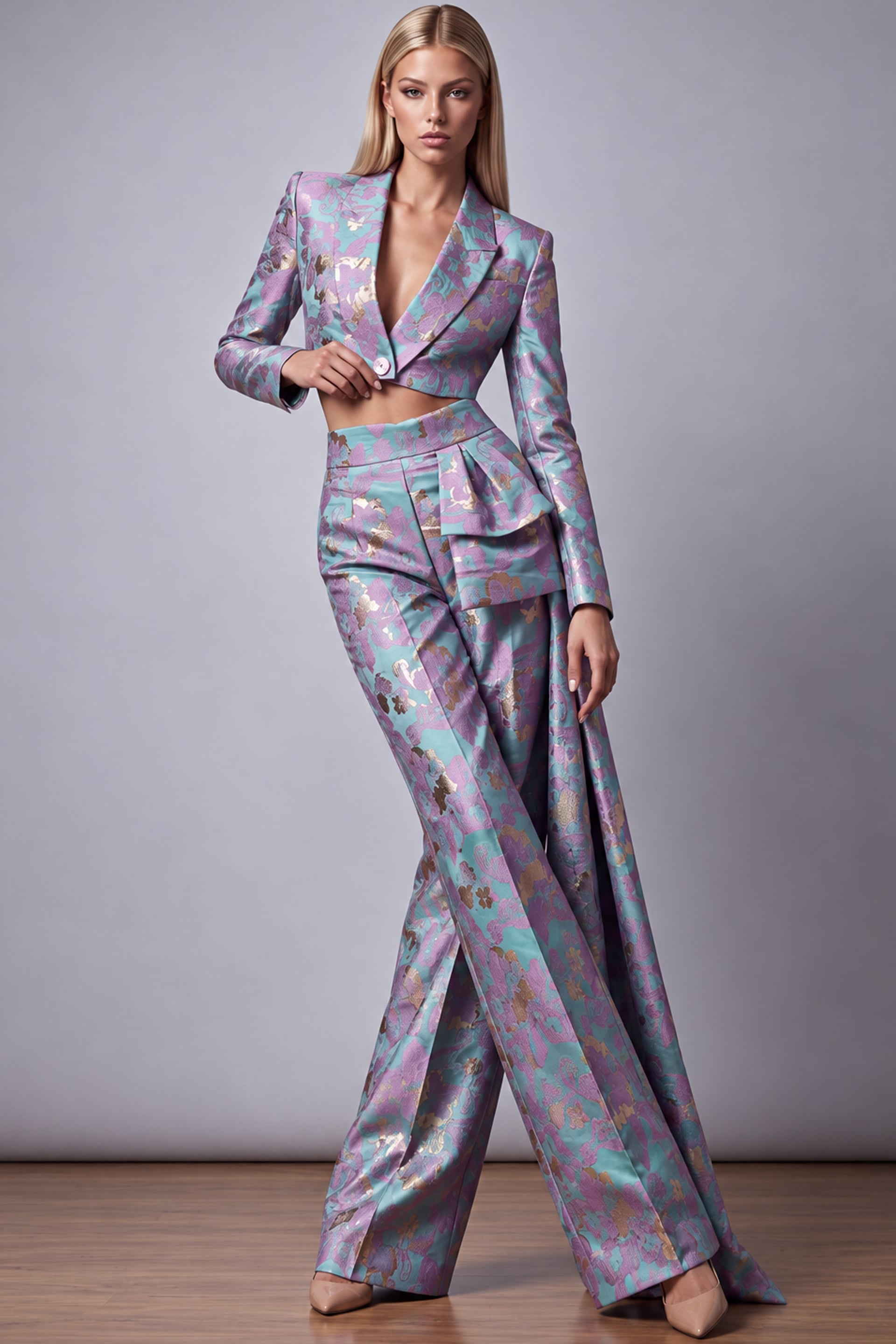 Metallic floral pantsuit with cropped blazer and draped side panel.