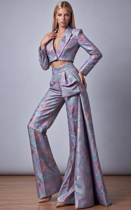 Lilac and aqua brocade cropped blazer with matching wide-leg pants.