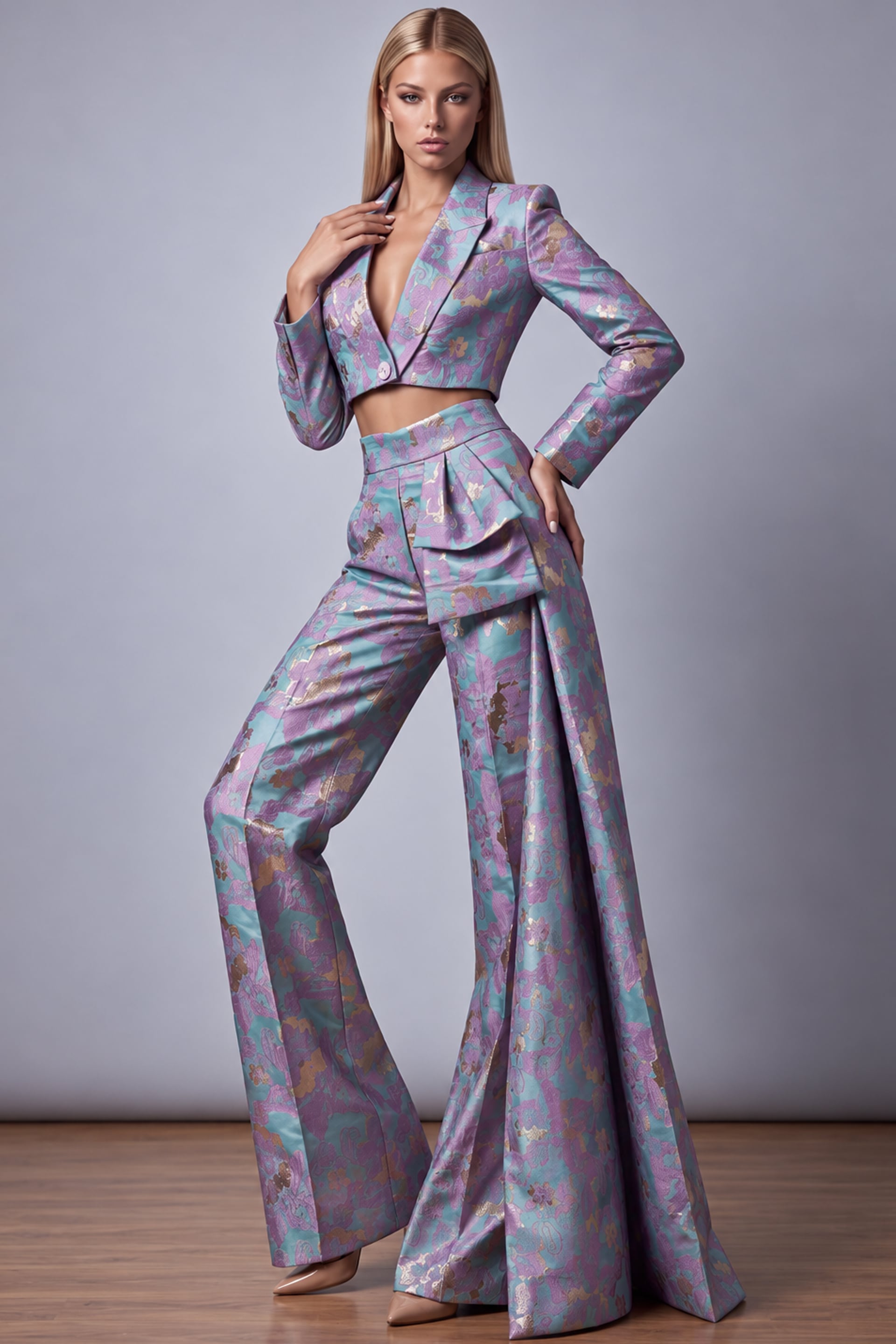 Lilac and aqua brocade cropped blazer with matching wide-leg pants.
