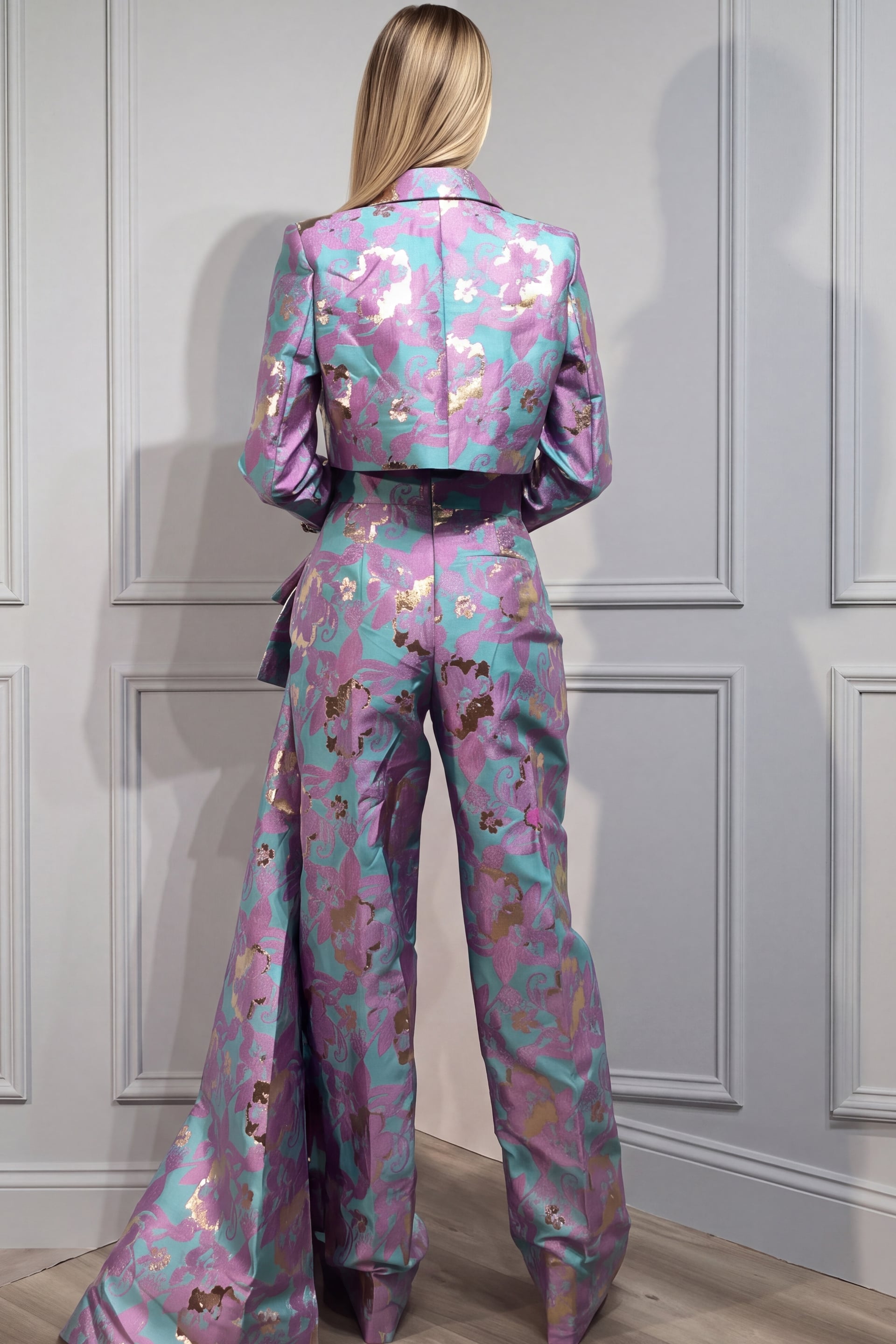 Cropped Blazer Wide Leg Pants Floral Brocade Two Piece Set 49337 - Image 4