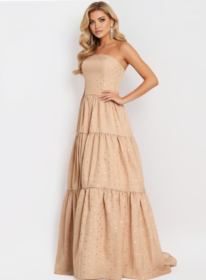 Strapless Tiered Ball Gown with Polka Dot Detail 49341