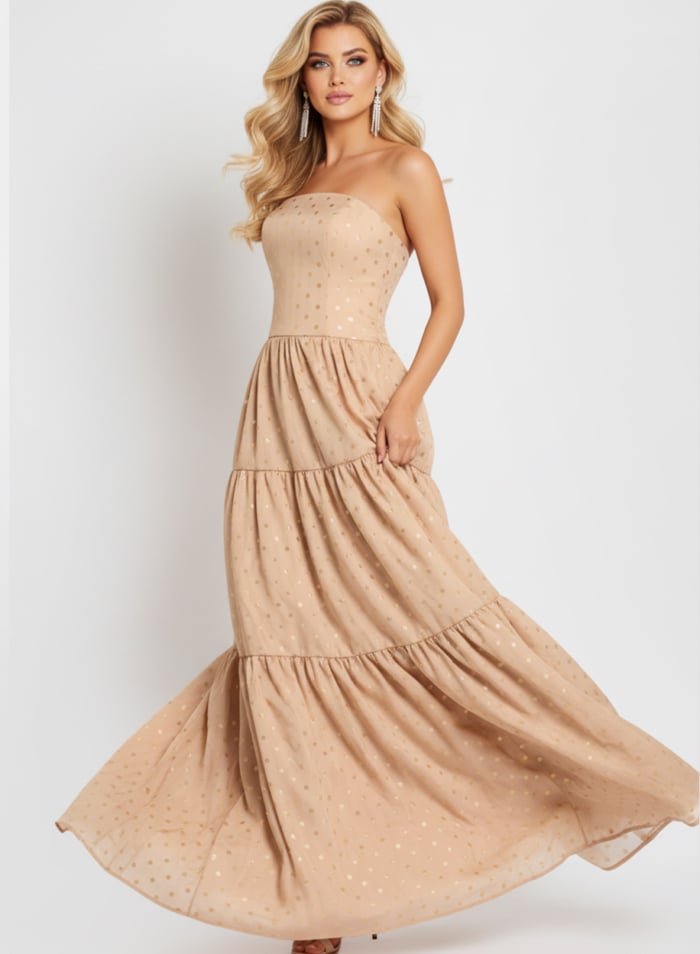 Strapless Tiered Ball Gown with Polka Dot Detail 49341