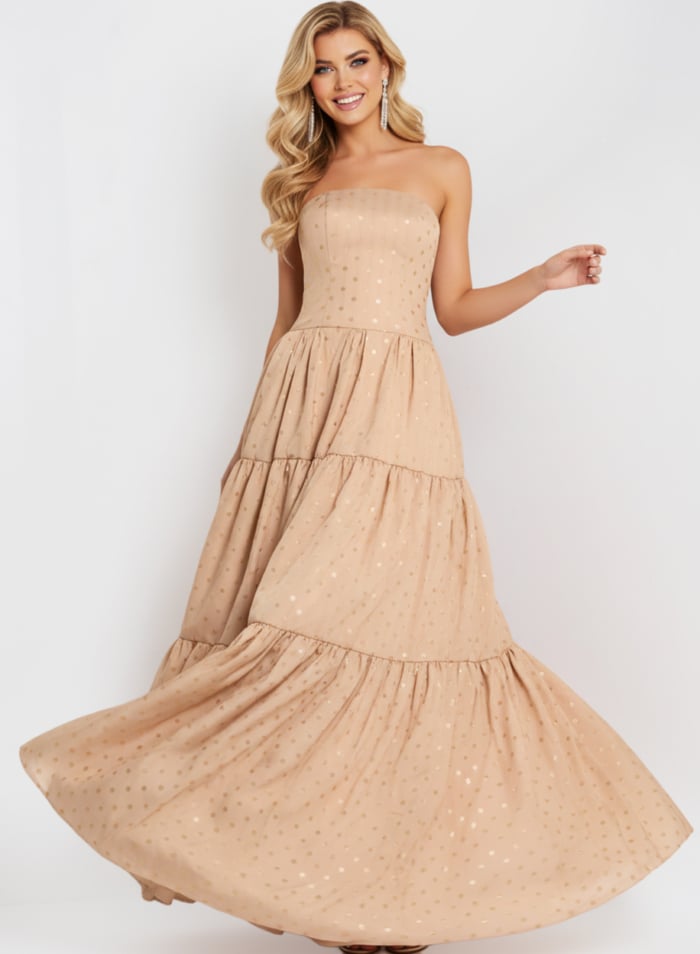 Strapless Tiered Ball Gown with Polka Dot Detail 49341
