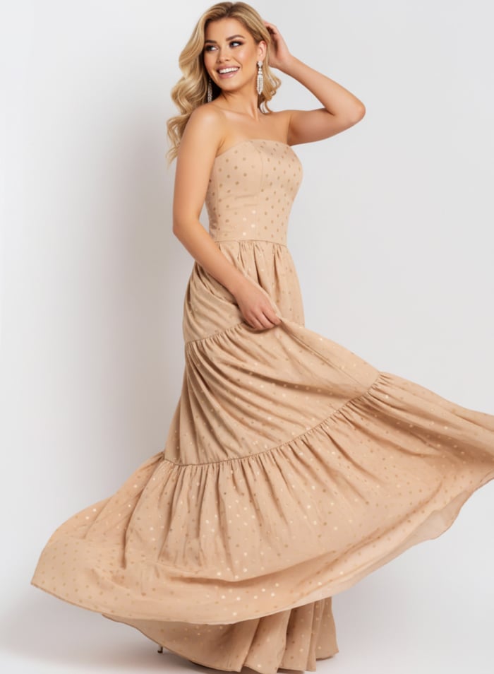 Strapless Tiered Ball Gown with Polka Dot Detail 49341