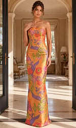 Fitted Floral Print Evening Gown With Strapless Neckline