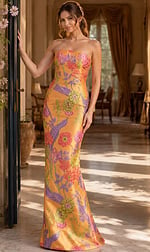 Strapless Floral Satin Evening Dress