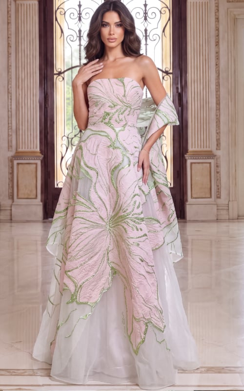Strapless blush floral gown with a full ivory tulle skirt and matching organza stole