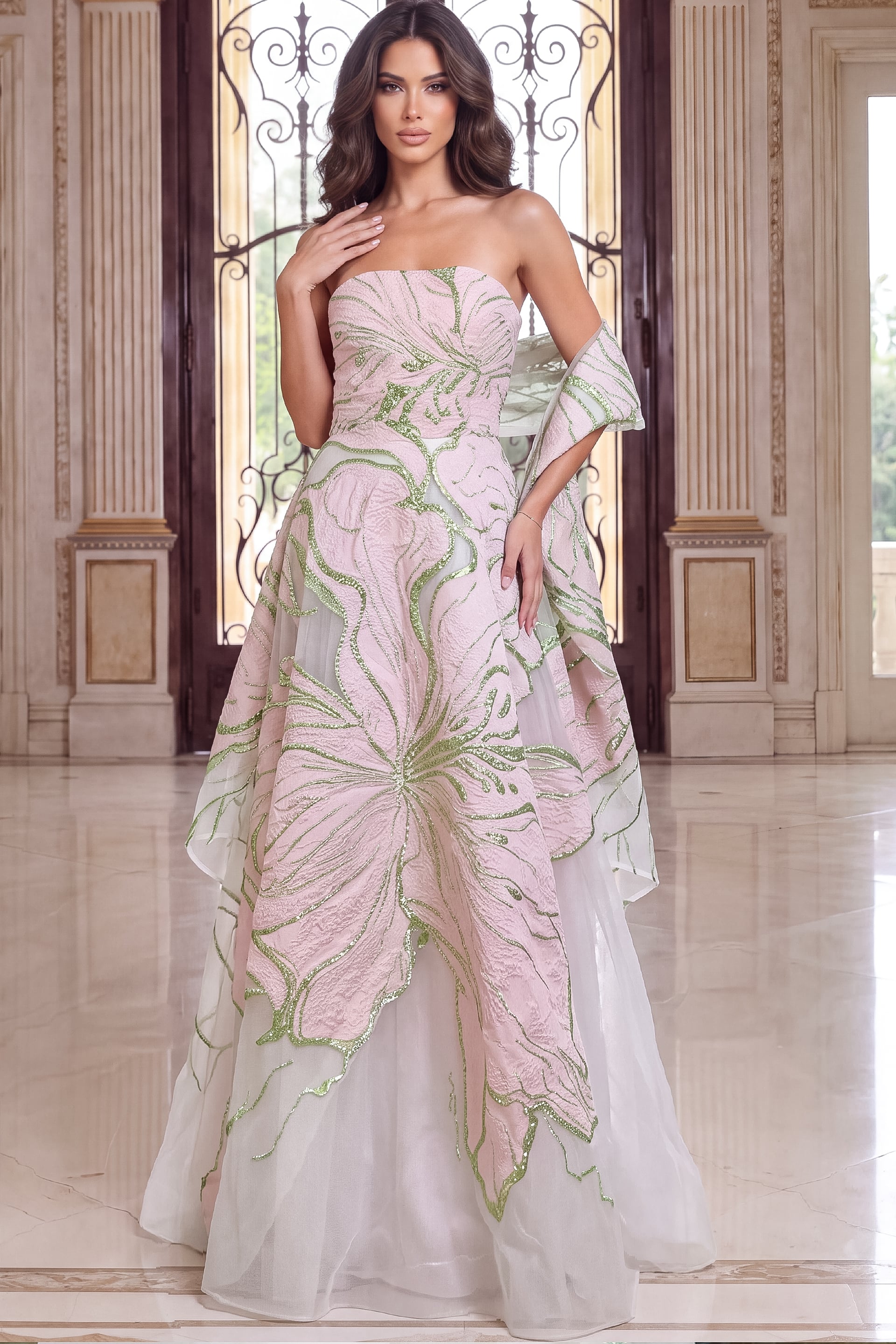 Pale pink petal embroidery covers an ivory ball gown worn with a sheer stole