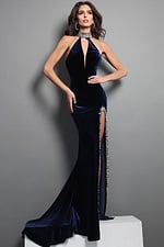 velvet halter gown with beaded slit and open back
