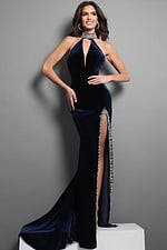 velvet halter gown with beaded slit and open back