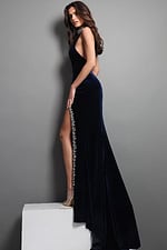 velvet halter gown with beaded slit and open back