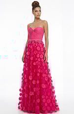Straight on view of strapless evening gown with fitted bodice, embellished waistband, and layered appliqué tulle skirt
