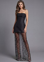 Black strapless mini dress with sheer embellished skirt
