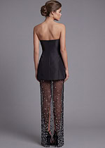 Strapless black cocktail dress with sparkly sheer overlay