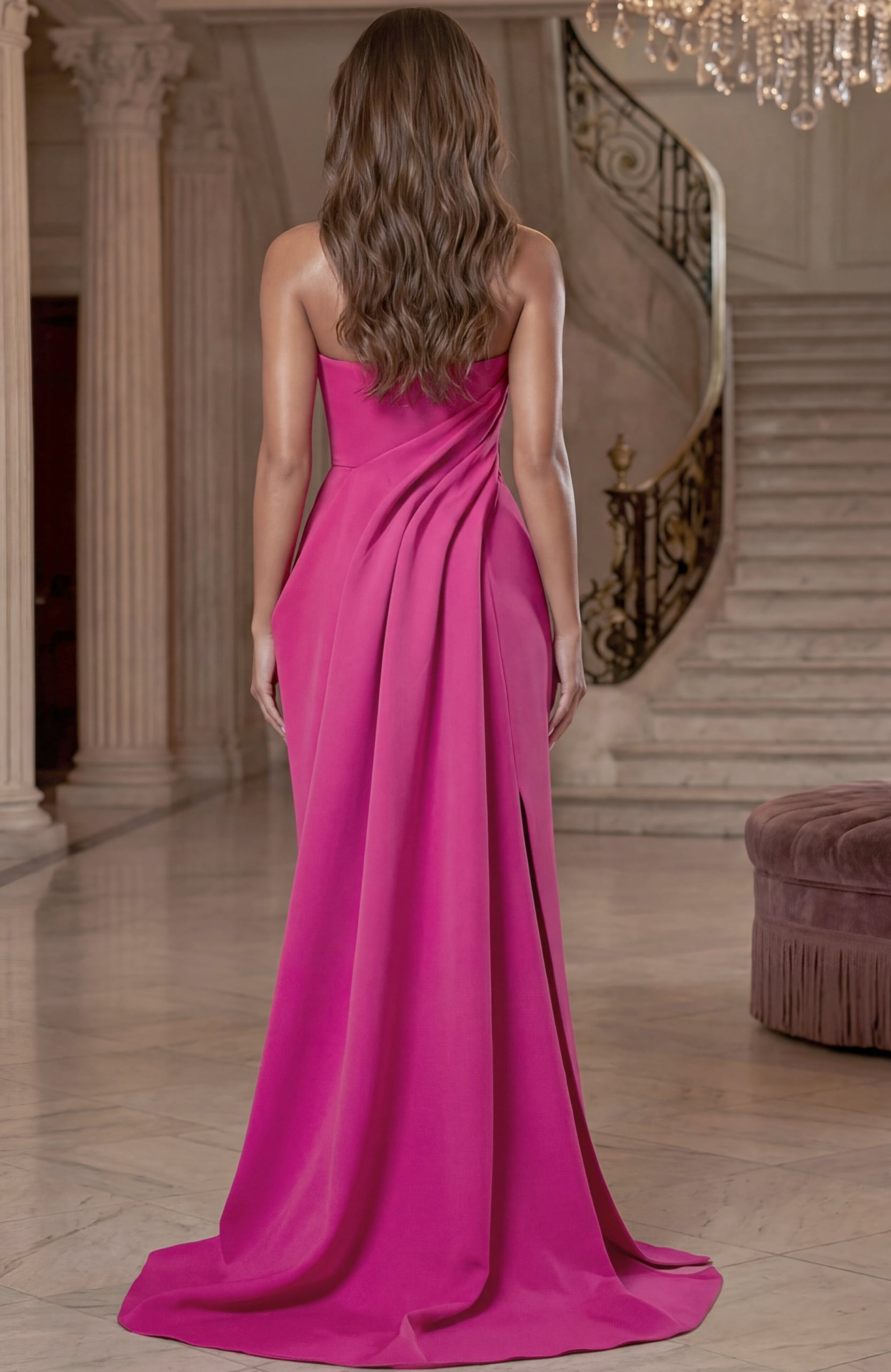 Back view of floor length satin gown with smooth flowing skirt
