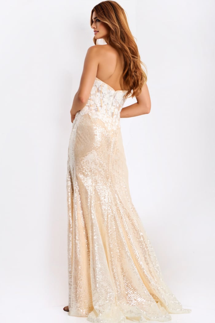 Elegant beaded gown with thigh-high slit