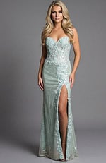 Front view of a strapless lace column gown with floral appliqué and high slit