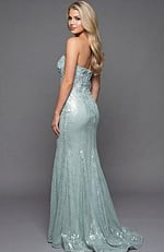 Back view of a strapless lace column gown with smooth fitted silhouette and flowing hem