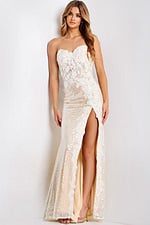 Strapless nude prom dress with slit