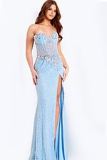 Light blue beaded corset prom dress with illusion bodice and high slit