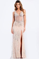 embellished v neckline dress designed with feathers 49377