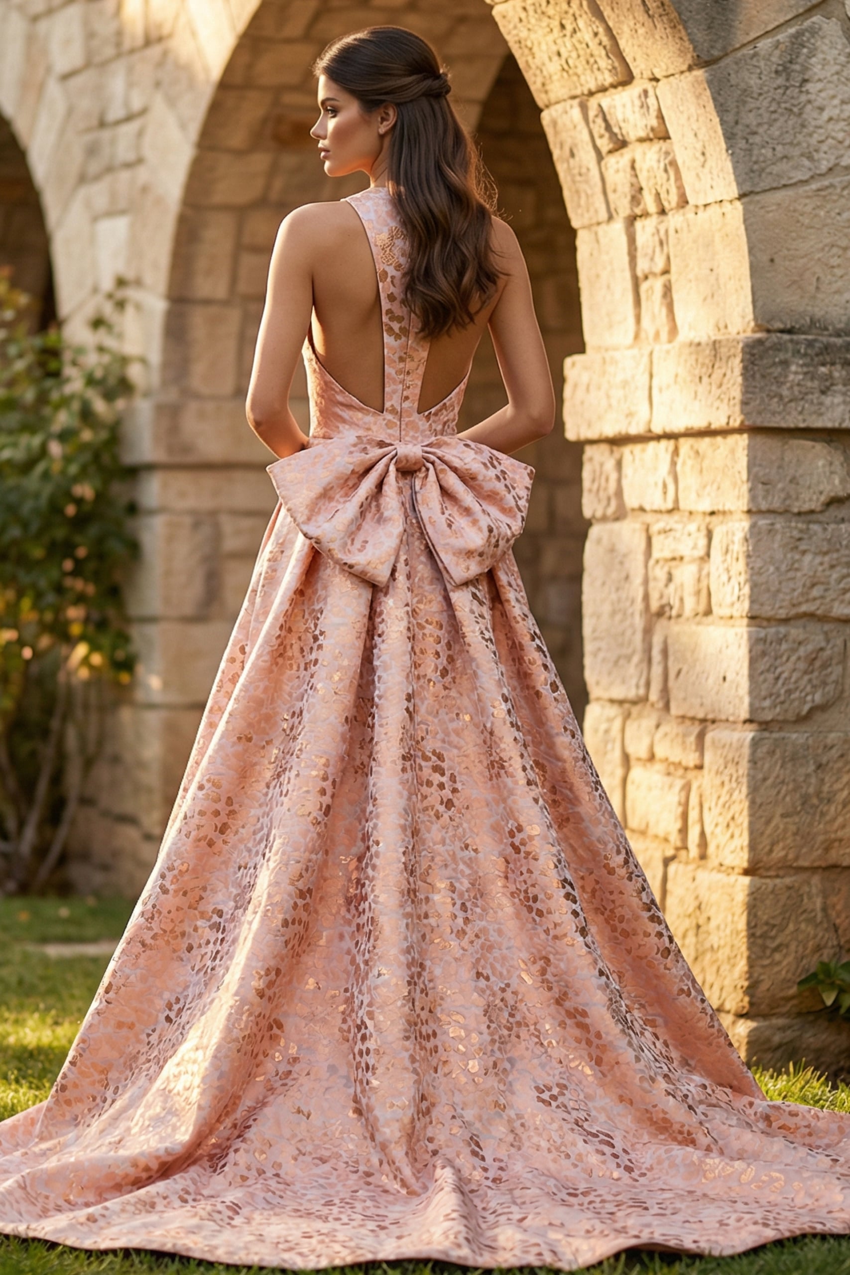 Blush A line dress with bow detail in the back.